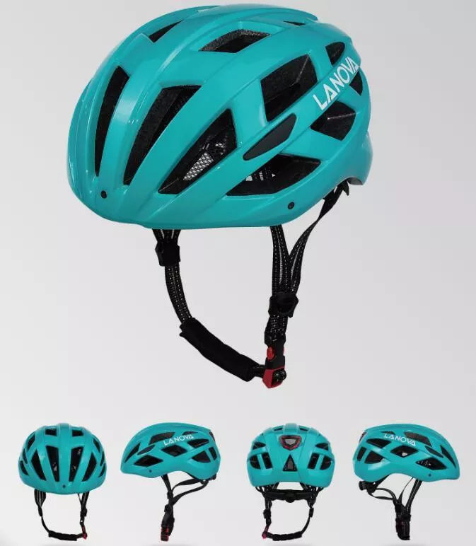 Unisex bicycle helmet with integrated safety light in matte black, fluorescent green, purple, and white