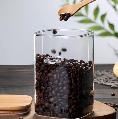 Square glass food storage cans with Japanese design in 800ml, 1000ml, and 1200ml capacity options
