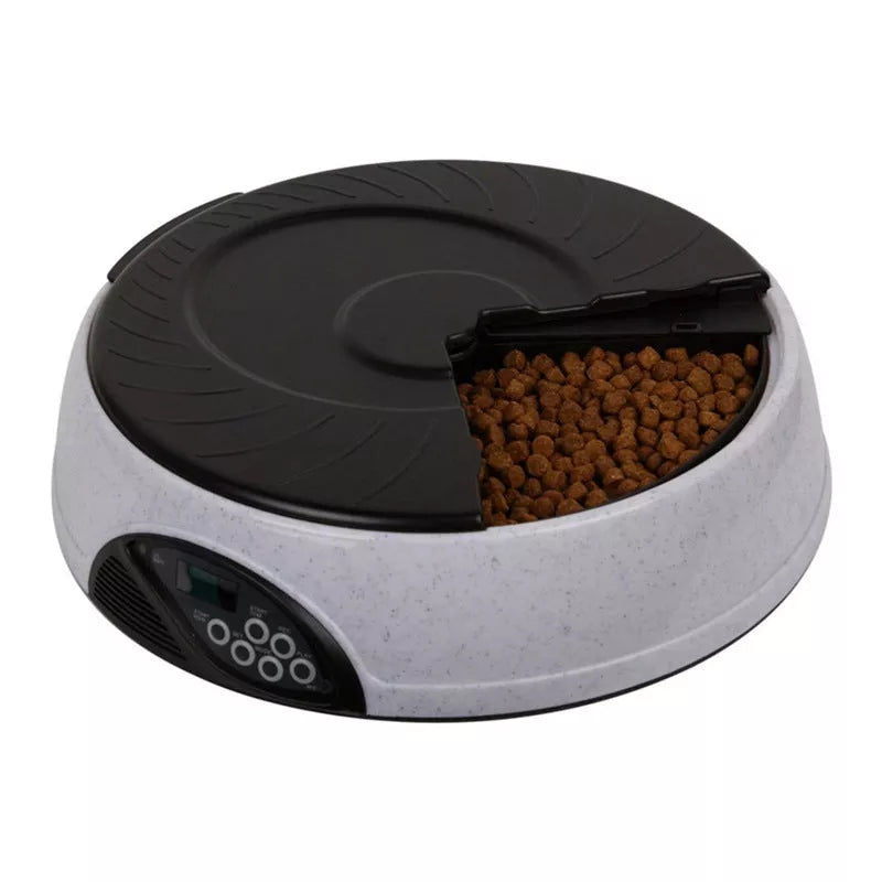 Automatic pet feeder with 6 food storage slots and voice recording feature