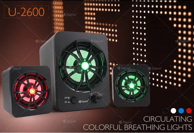 Green 2.1 USB computer speaker with colourful LED lighting effects and dual connectivity ports
