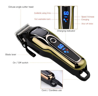 Professional hair clipper with four guide combs, cleaning brush, and power adapter on white background