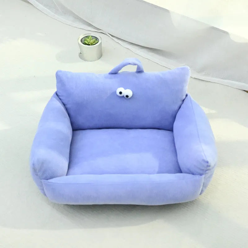 Cartoon big eye pet bed sofa kennel in blue colour with raised sides and PP cotton filling