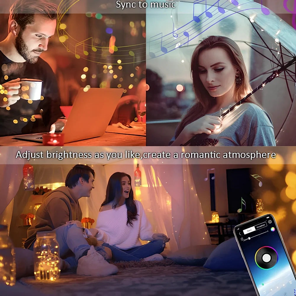 APP Bluetooth copper wire light string with 100 LED lights showing colour-changing pattern