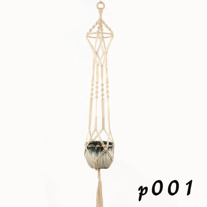 Woven wire lattice plant holder with natural cotton rope, shown in a rustic style supporting a green plant.