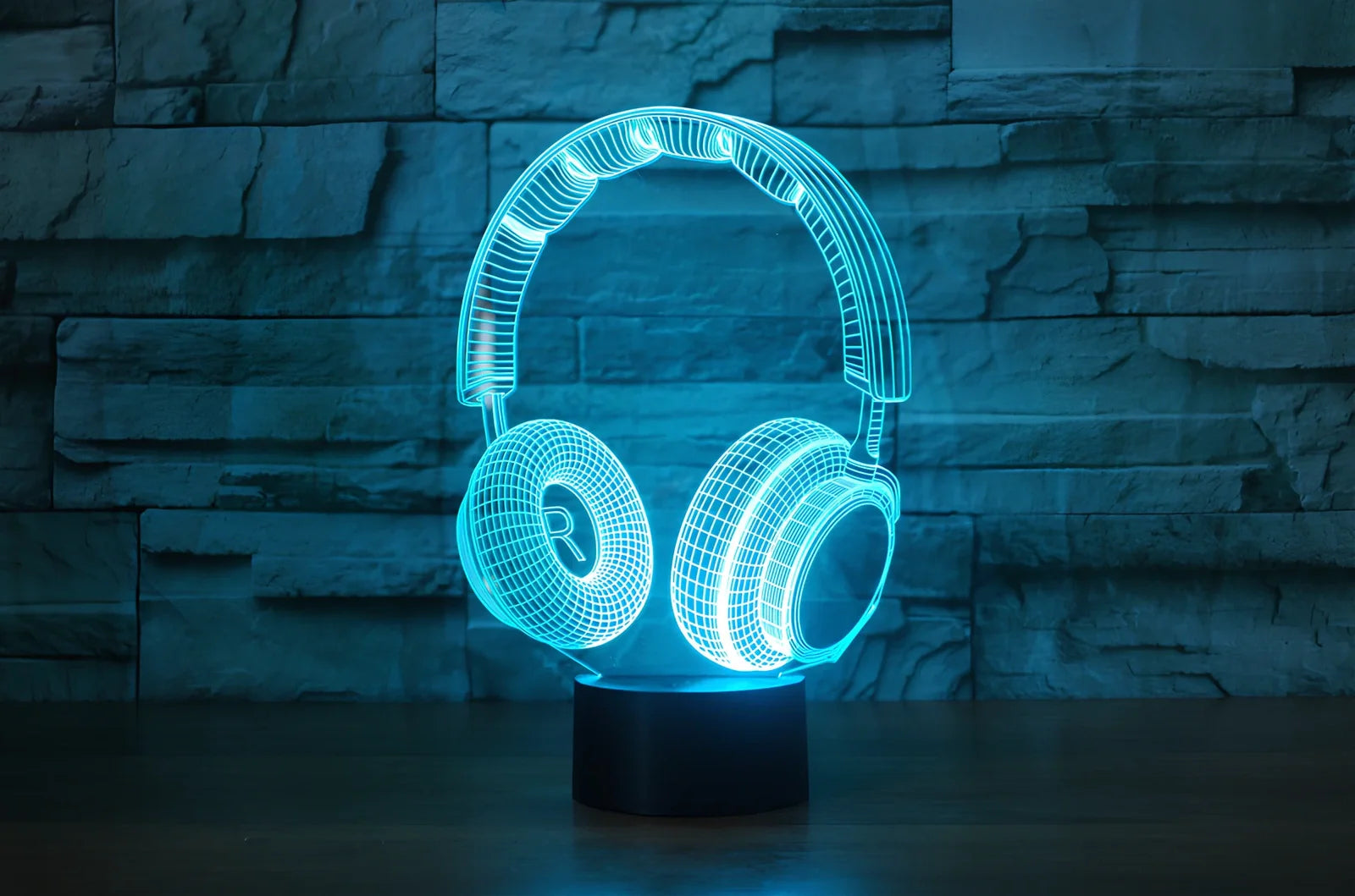 Stereo earphone design table lamp with acrylic shade and touch controls in multiple colour options