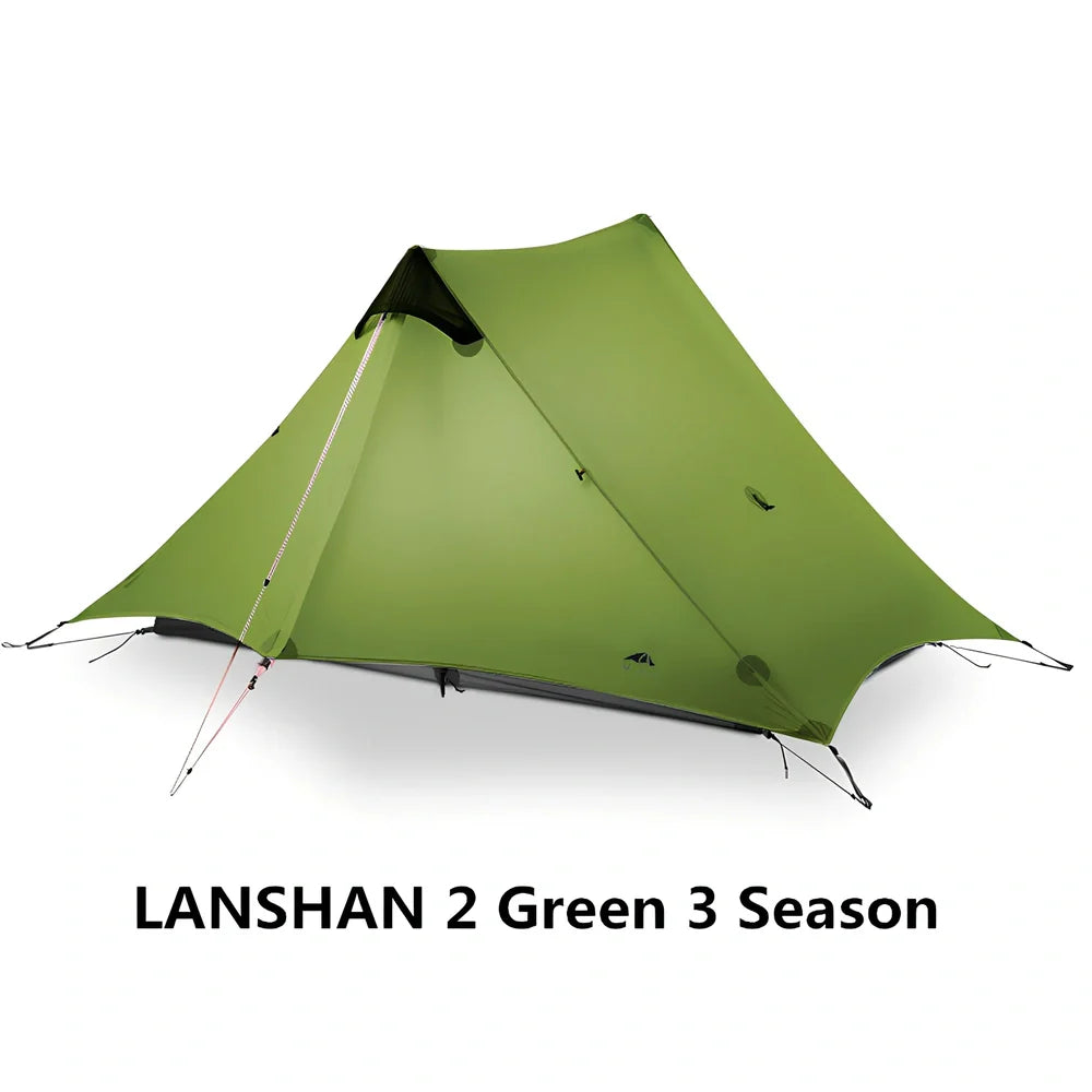 Single tip poleless tent with aluminium supports and camouflage design in outdoor setting