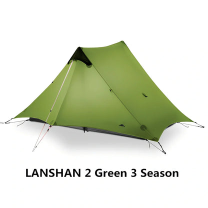 Single tip poleless tent with aluminium supports and camouflage design in outdoor setting