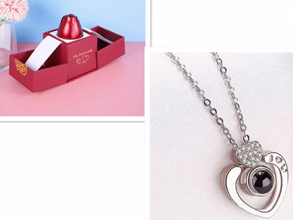 Valentine's Day metal rose jewelry gift box necklace with adjustable crystal design