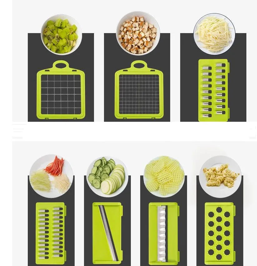 Multifunctional vegetable cutter with seven stainless steel blades on a food-grade plastic body.