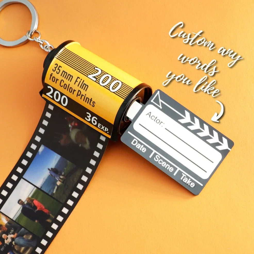 Yellow plastic film roll keychain with custom photo insertion compartment measuring 7cm