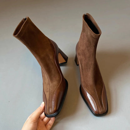 Women's retro suede short boots with chunky 6-8cm heel, square toe, back zipper, in brown or black