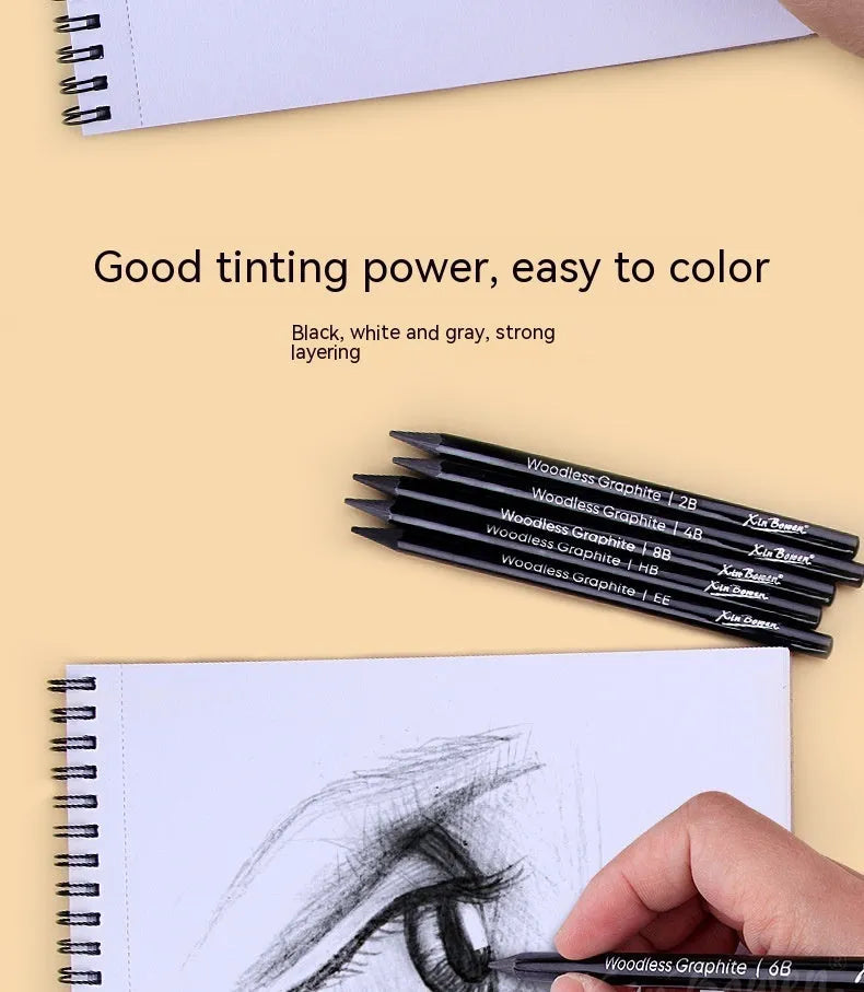 Wood-free graphite sketching pencils in six hardness grades: HB, 2B, 4B, 6B, 8B, EE with solid graphite cores