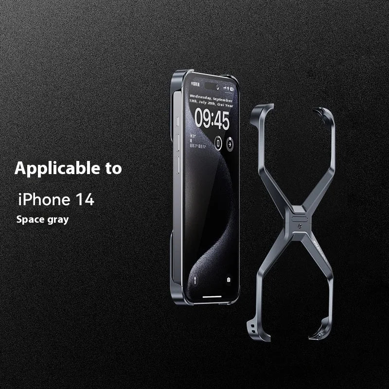X-shaped aluminium alloy frameless half-pack phone case for iPhone 13 14 15 Pro Max in Bright Moon Silver, Dark Gray or Titanium Gold