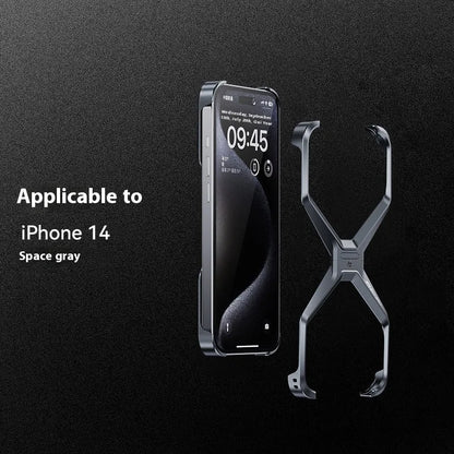 X-shaped aluminium alloy frameless half-pack phone case for iPhone 13 14 15 Pro Max in Bright Moon Silver, Dark Gray or Titanium Gold