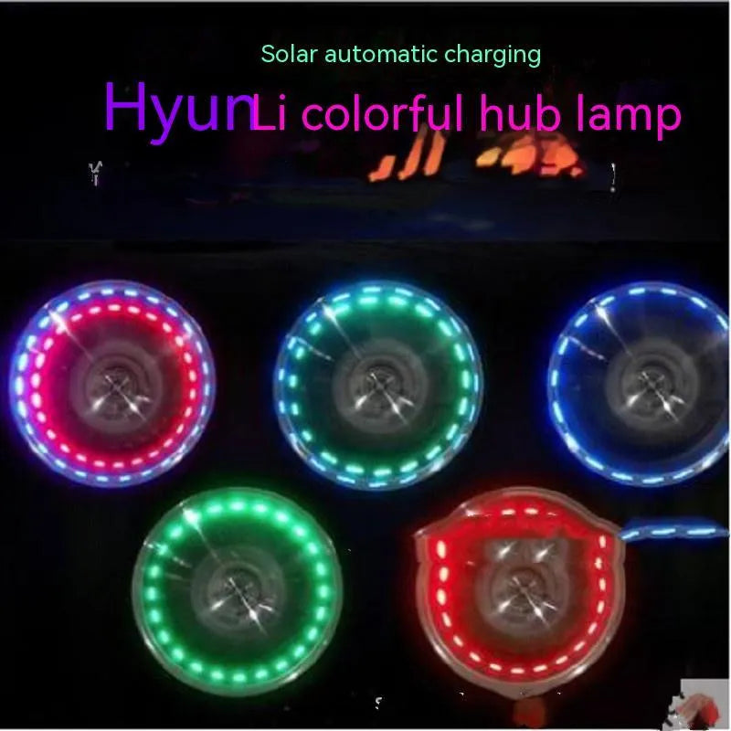 Solar valve stem light for car tyres and motorcycles, colour adjustable LED lamp with ABS plastic construction, 4.5cm diameter x 2.4cm height fits standard valve stems, rechargeable via solar power for enhanced visibility
