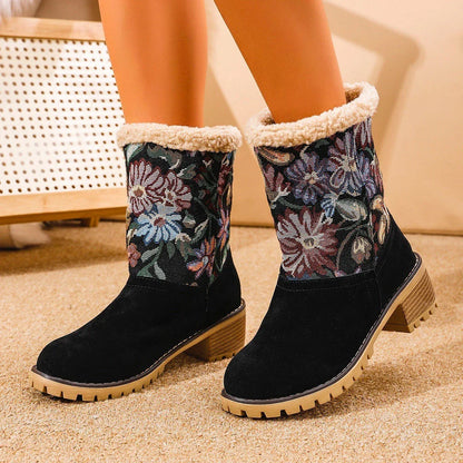 Floral embroidered snow boots in off-white, black, and pink colors with thick square heels and round toe shape