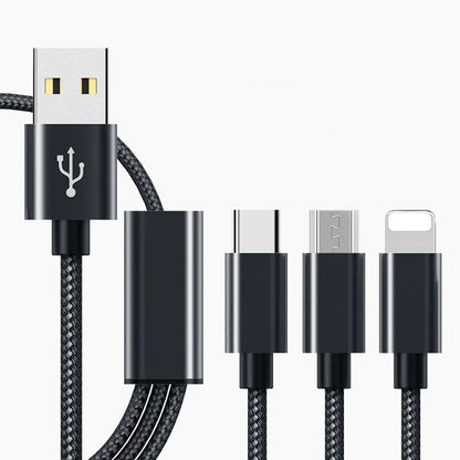 Three-in-one mobile phone charging cable in multiple colours with a 1.2m length.