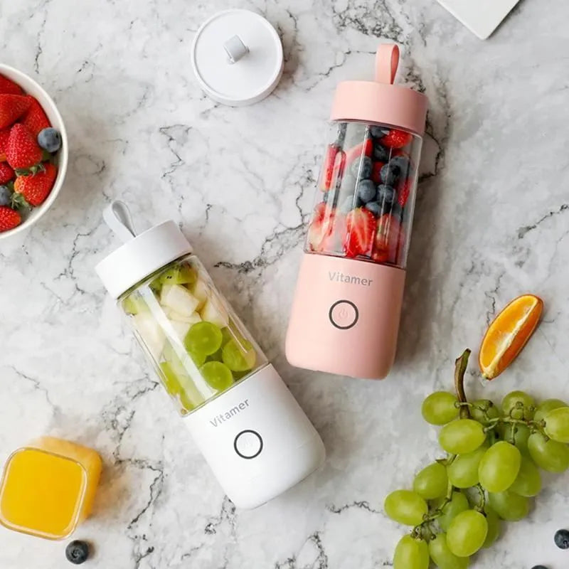 White portable USB rechargeable blender bottle with silicone carrying ring, 350ml capacity.