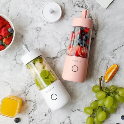 White portable USB rechargeable blender bottle with silicone carrying ring, 350ml capacity.