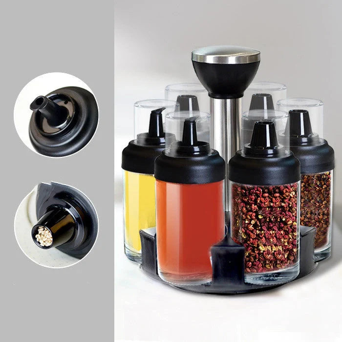 Glass rotating seasoning box set with anti-leakage design on kitchen counter