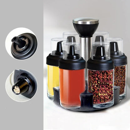 Glass rotating seasoning box set with anti-leakage design on kitchen counter