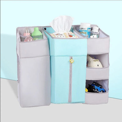 Universal baby crib hanging storage bag in various colors with multiple pockets