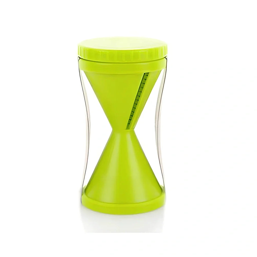 White spiral vegetable slicer with stainless steel blades on kitchen counter with zucchini noodles