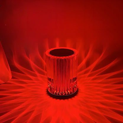 Crystal lamp with acrylic lines showing RGB lighting options on 9cm by 13cm base