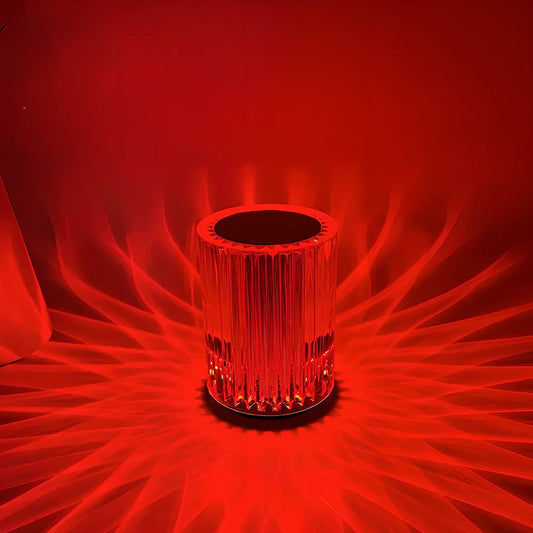 Crystal lamp with acrylic lines showing RGB lighting options on 9cm by 13cm base