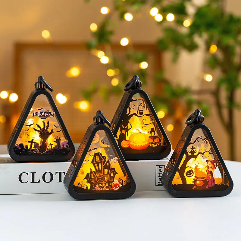 Halloween decoration prop measuring 8.9x5.2x11.5cm with plastic and glass construction in pumpkin, witch, castle, or ghost hand theme