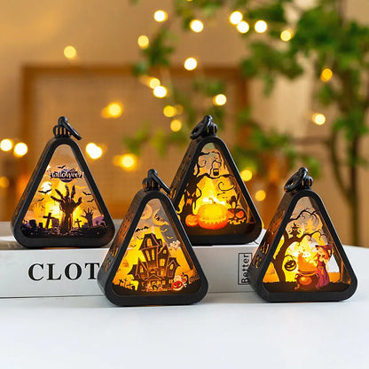 Halloween decoration prop measuring 8.9x5.2x11.5cm with plastic and glass construction in pumpkin, witch, castle, or ghost hand theme