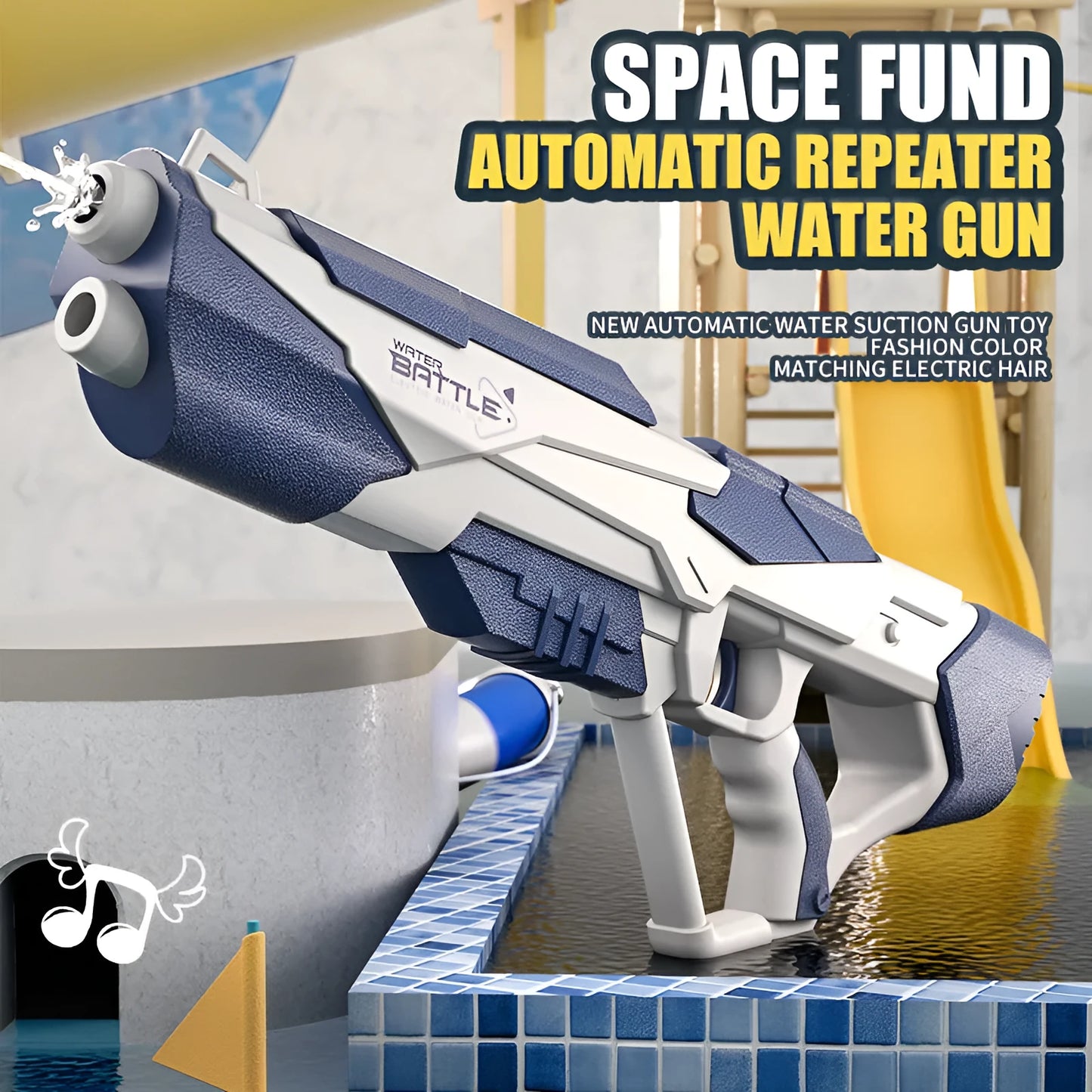 Blue automatic electric water gun with USB charging port and anti-skid grip handle.