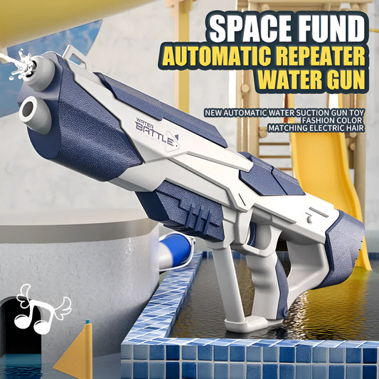 Blue automatic electric water gun with USB charging port and anti-skid grip handle.