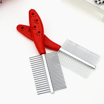 Red double-row pet grooming comb with stainless steel teeth and plastic handle showing sparse and dense sides