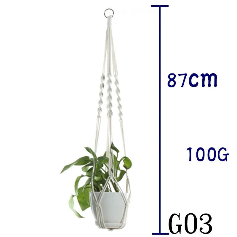 Beige cotton rope hanging basket with various styles for indoor plant display