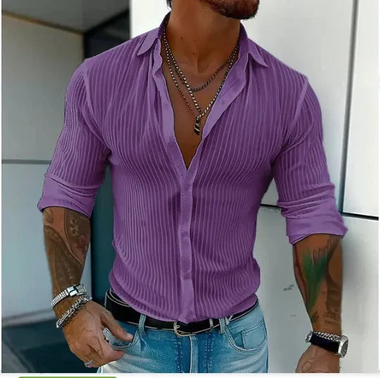 Men's striped British style cardigan shirt in polyester flat mop cloth fabric