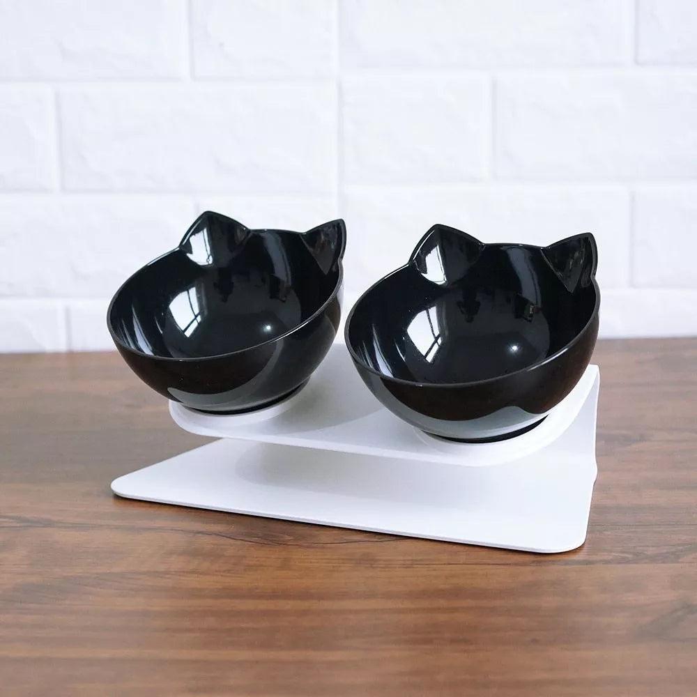 Double bowl cat food bowl with 15° tilt for cervical protection, transparent design with cute cat face