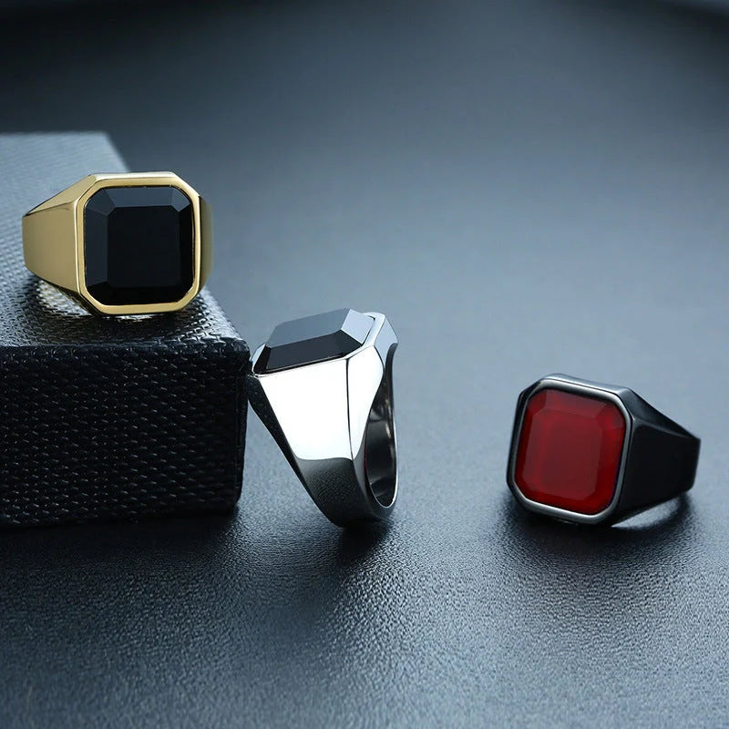 Men's stainless steel black agate ring with geometric design in silver, gold, and red black