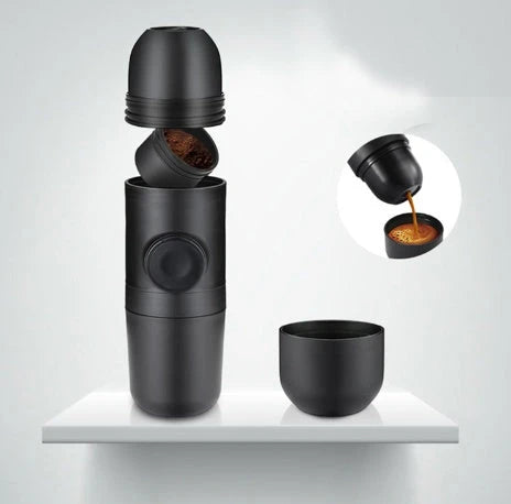Portable espresso maker with black color, compact size, and premium stainless steel and silicone construction