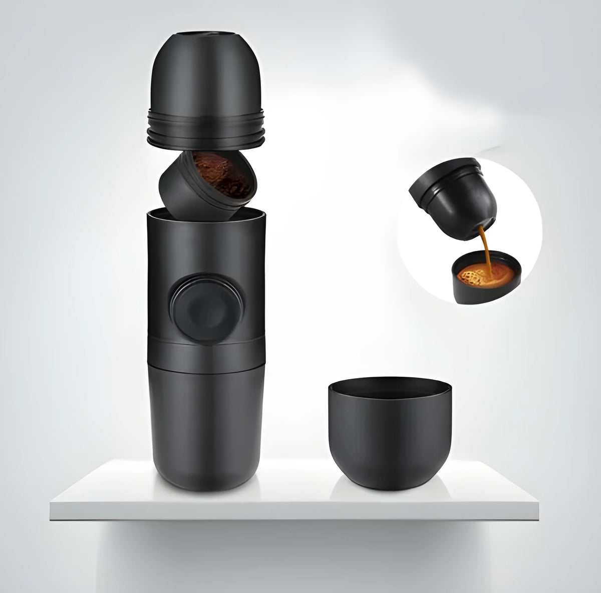 Black portable manual coffee machine with pressure gauge, 6cm wide and 17.5cm tall.