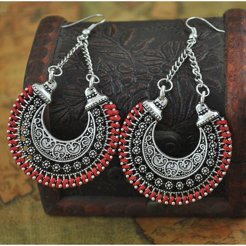 Bohemian Vintage Hand-Woven Rope Earrings with hollow-carved meniscus flower basket design