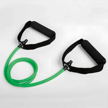 Five colour-coded latex resistance bands showing 120cm length with resistance levels from 10-30 pounds