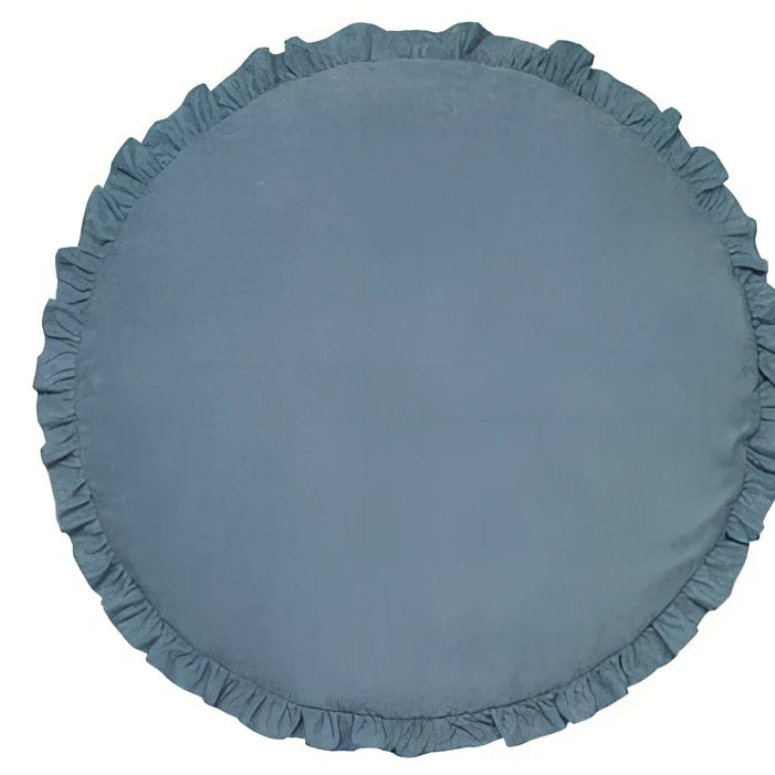 Circular baby play mat with lace border showing 2cm thickness measurement