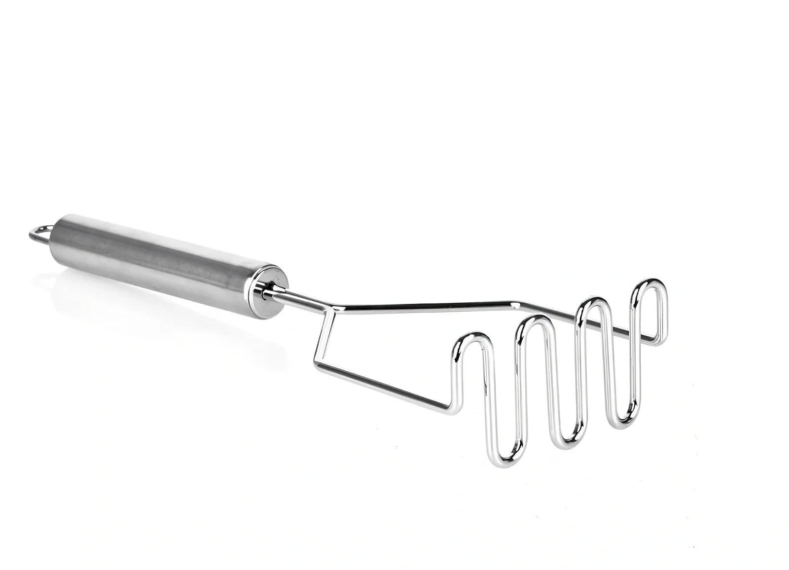 Stainless steel potato ricer masher, 25cm long with 9.5cm wide head, weighs 82g for efficient vegetable mashing