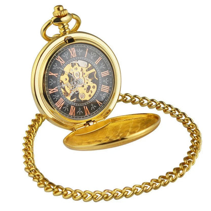 Retro automatic pocket watch with floral print dial and transparent case back showing mechanical movement.