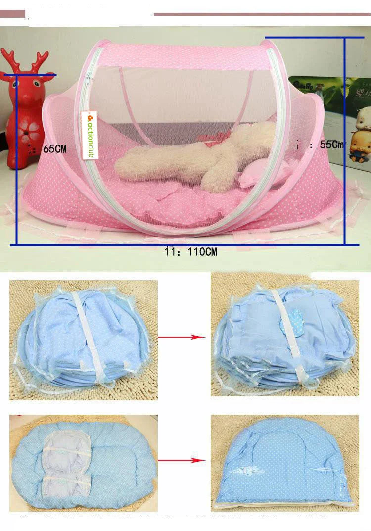 Portable foldable baby bed net with built-in mattress and pillows, perfect for travel and outdoor activities