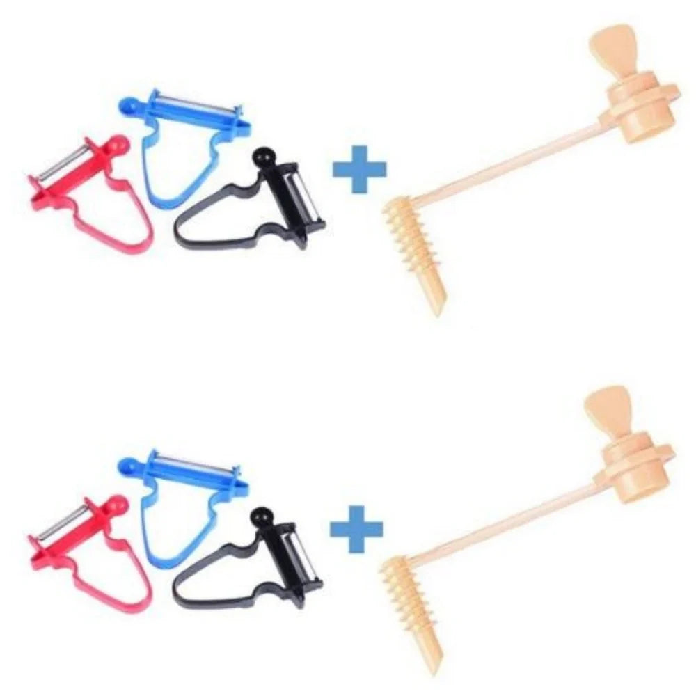 Stainless steel vegetable peeler set with black, blue, red handles and dual swivel blades