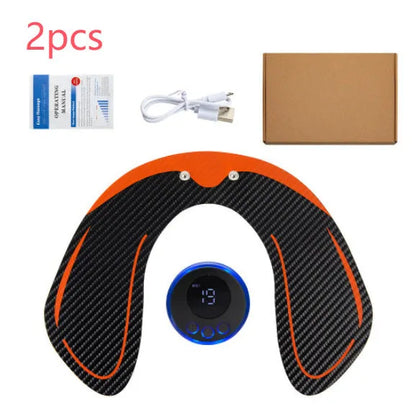 Compact EMS muscle stimulator unit with remote control and gel pads for abdominal and buttock toning.
