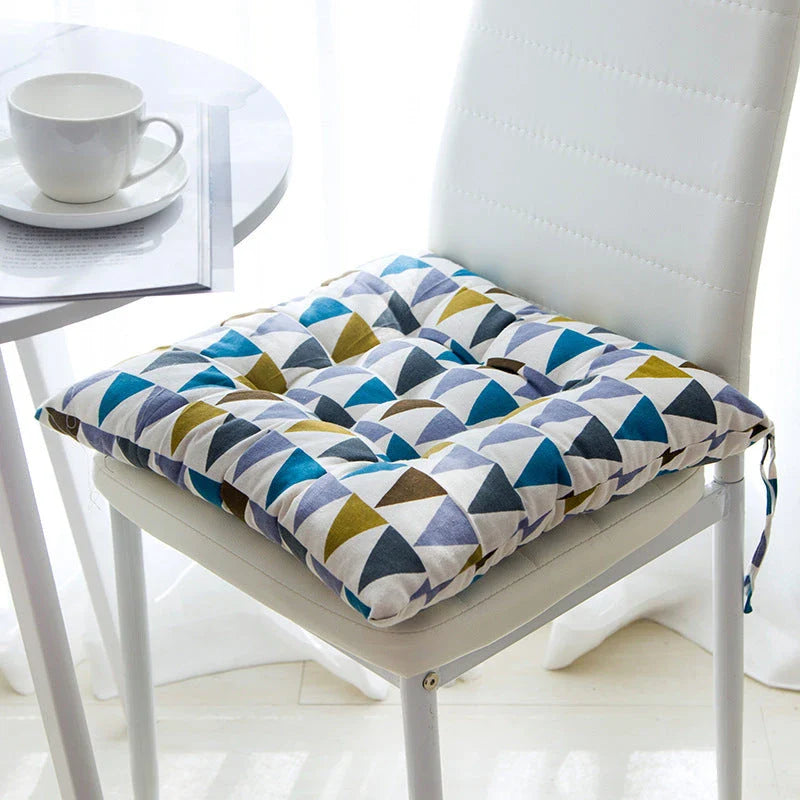 Comfortable Linen-Cotton Chair Cushion with a variety of vibrant patterns and designs, perfect for indoor and outdoor use.
