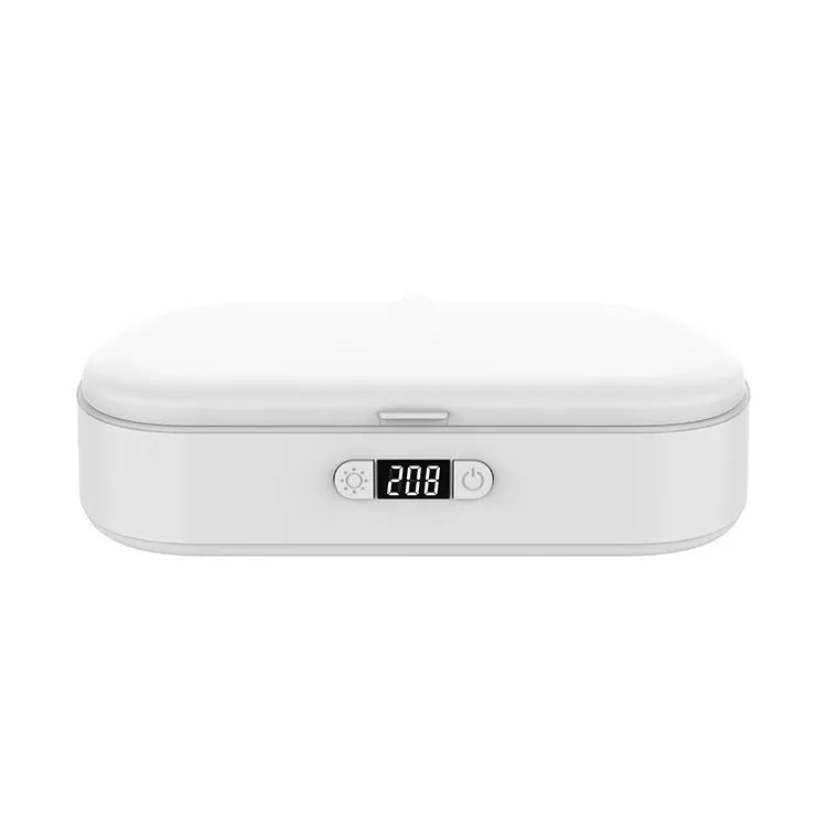 White ABS plastic ultraviolet wireless disinfection box steriliser with phone inside.